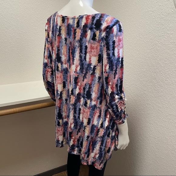 Philosophy Paint Block Print|Ruched Sleeves|Asymmetrical Hemline Tunic Top Sz XL - Picture 5 of 6